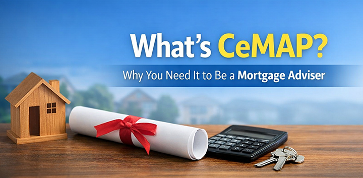 CeMAP mortgage qualification concept showing a house model, certificate, calculator and keys