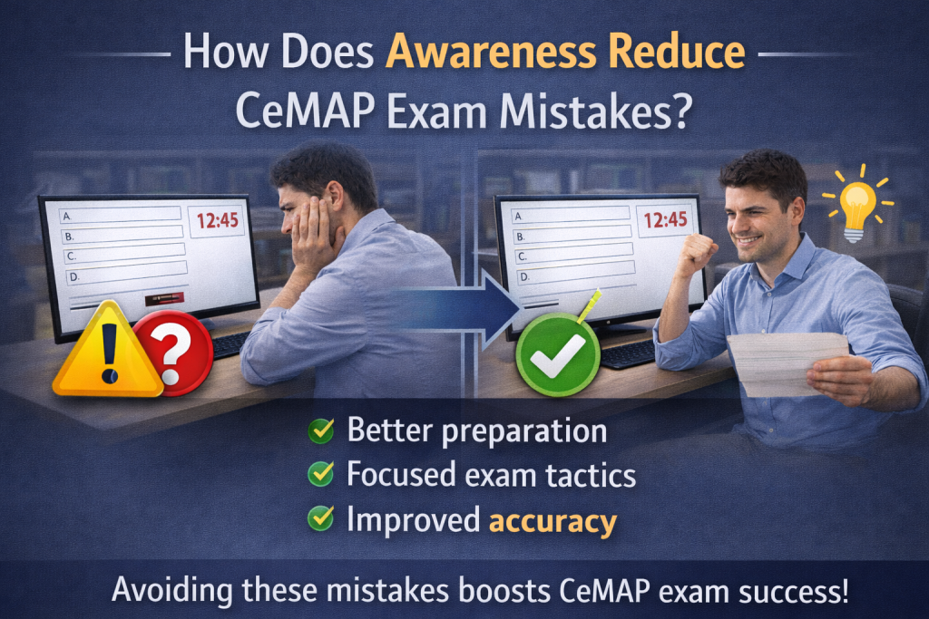 Comparison image of a stressed and then confident learner during a CeMAP exam, showing how awareness reduces common exam mistakes.
