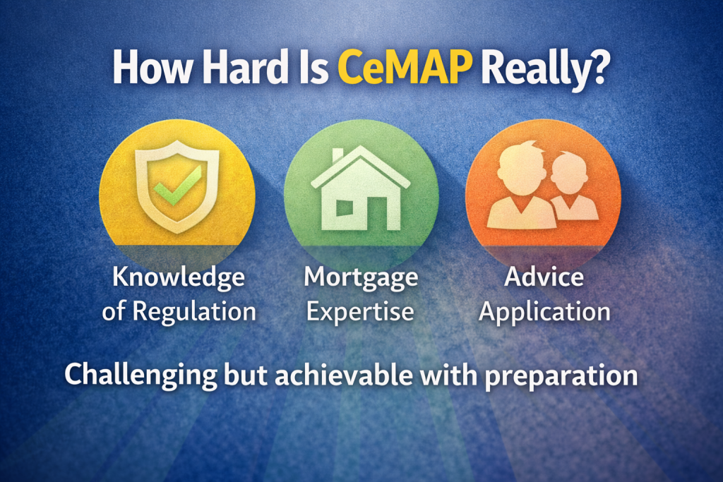How hard is CeMAP really graphic showing regulation knowledge, mortgage expertise and advice application