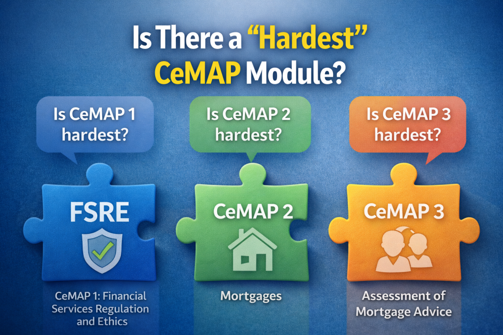 Is there a hardest CeMAP module graphic showing CeMAP 1 FSRE, CeMAP 2 Mortgages and CeMAP 3 Assessment of Mortgage Advice
