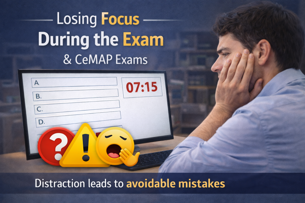 Learner appearing distracted during a computer-based CeMAP exam with a visible countdown timer, representing loss of focus.