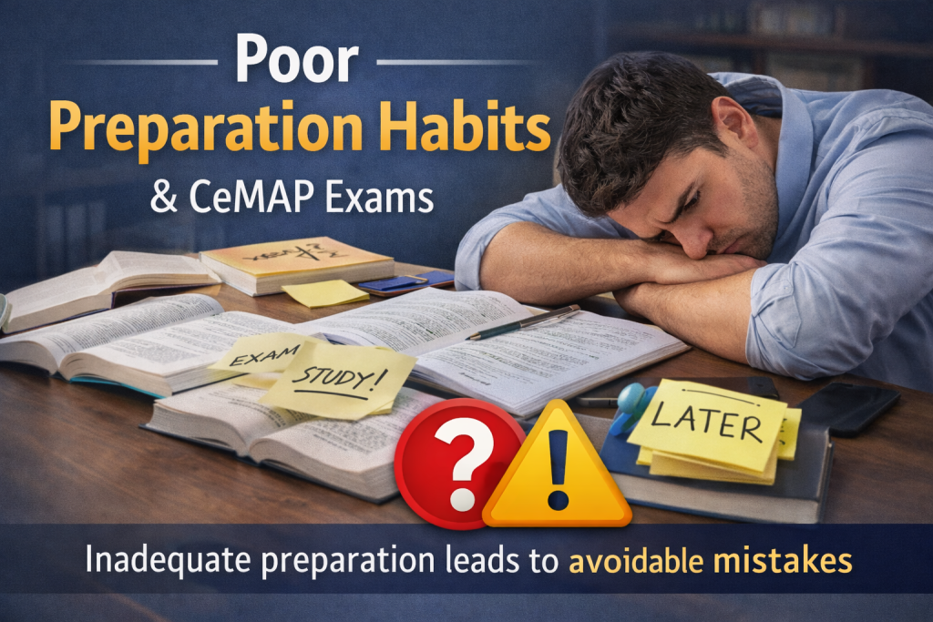 Learner surrounded by open books and notes looking tired while revising for a CeMAP exam, representing poor preparation habits.