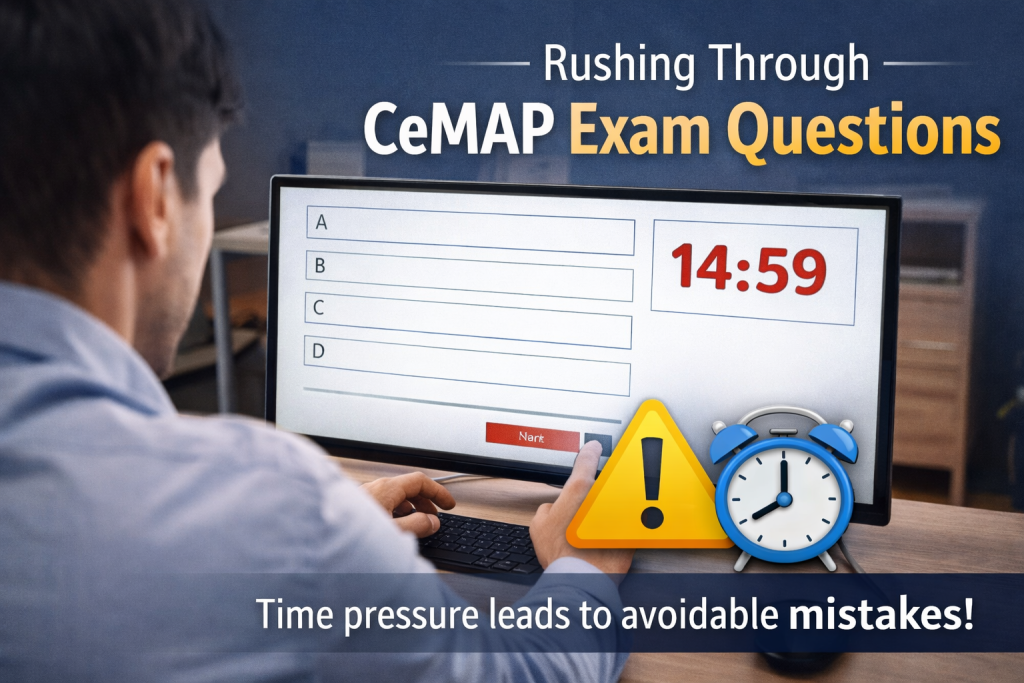 Learner rushing through a computer-based CeMAP multiple-choice exam with a countdown timer visible, illustrating time pressure and avoidable mistakes.