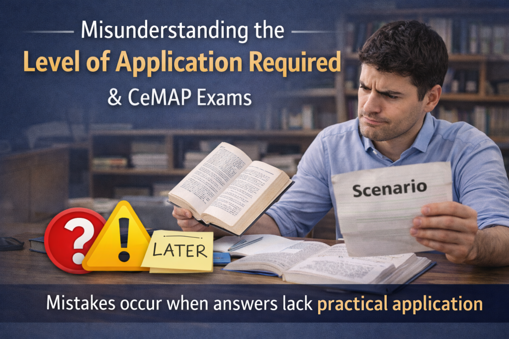 Learner comparing a textbook and a scenario sheet while revising for a CeMAP exam, illustrating misunderstanding of applied knowledge requirements.