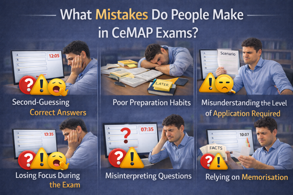 Infographic showing common CeMAP exam mistakes including second-guessing, poor preparation, misinterpreting questions, losing focus, and relying on memorisation.