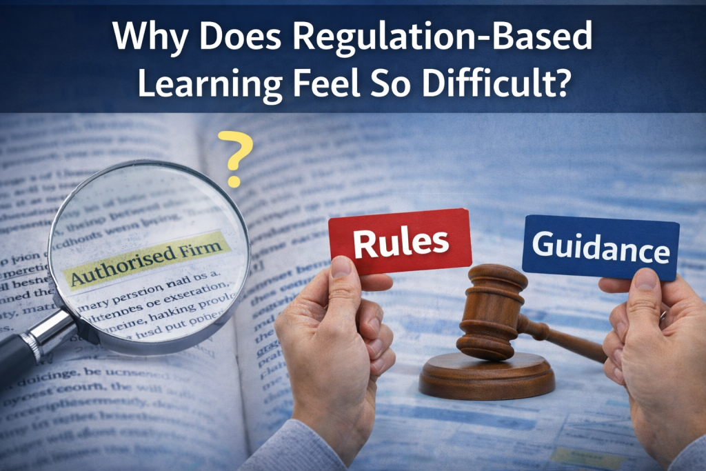 Regulation-based learning concept showing rules, guidance and authorised firm terminology in CeMAP 1 study material.