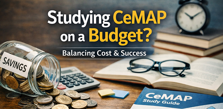 Studying CeMAP on a budget with books, calculator and savings jar showing cost planning for exam preparation