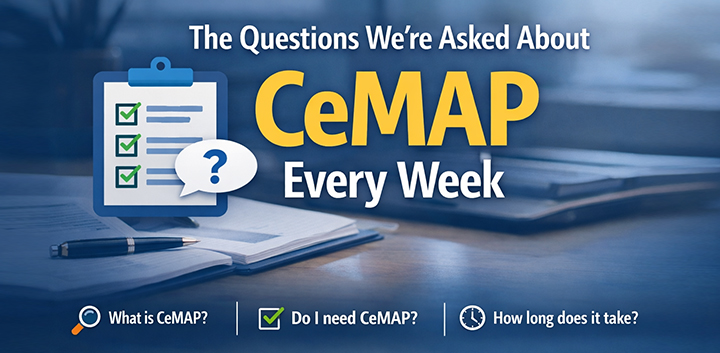 Featured image for CeMAP FAQ article showing common questions about CeMAP including what it is, whether it is required and how long it takes.