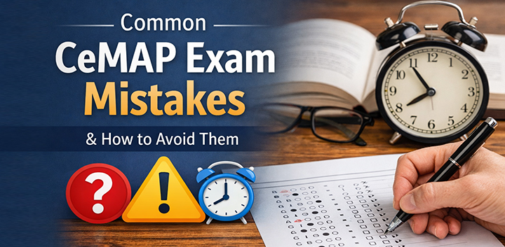CeMAP exam mistakes illustration showing a multiple-choice answer sheet, clock and warning icons representing common errors in CeMAP 1, 2 and 3 exams.