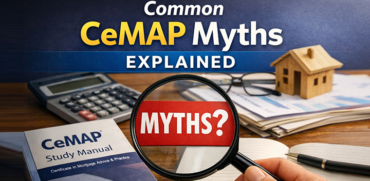 Common CeMAP myths explained with study manual, magnifying glass over the word myths, calculator and mortgage notes on desk