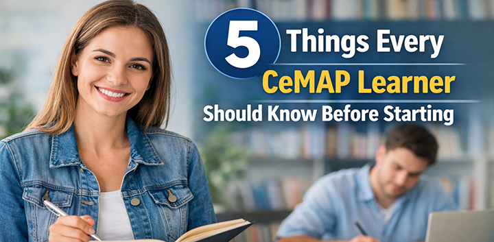 CeMAP learner studying with notebook and laptop showing five key things to know before starting CeMAP qualification