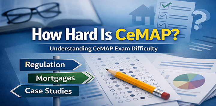 How hard is CeMAP exam graphic showing regulation, mortgages and case studies modules