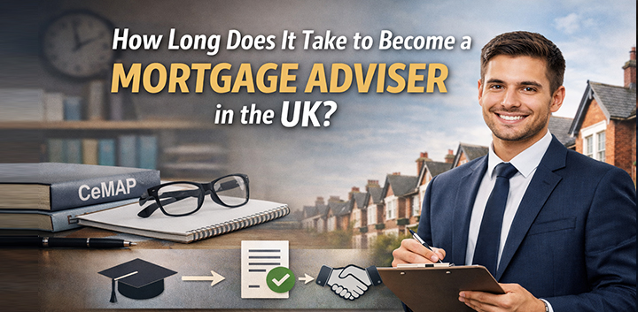 How long it takes to become a mortgage adviser in the UK with CeMAP study and career path illustration