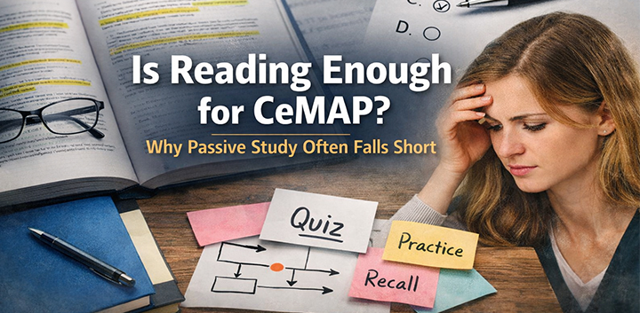 Is reading enough for CeMAP featured image showing textbook study versus active recall and practice questions