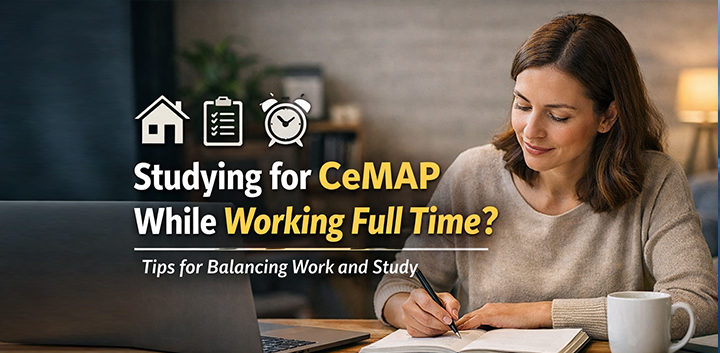 Woman studying CeMAP at a desk in the evening while working full time, with laptop, notebook and study materials.