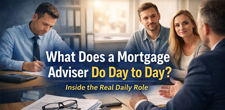 Mortgage adviser meeting clients while reviewing paperwork and mortgage options at a desk