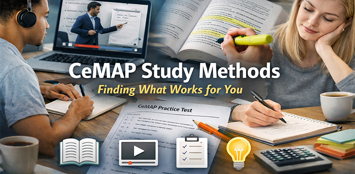 CeMAP study methods showing different learning approaches including reading, video learning and practice questions
