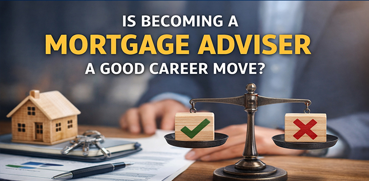 Mortgage adviser career decision concept with house model, financial paperwork and balanced scales showing pros and cons.