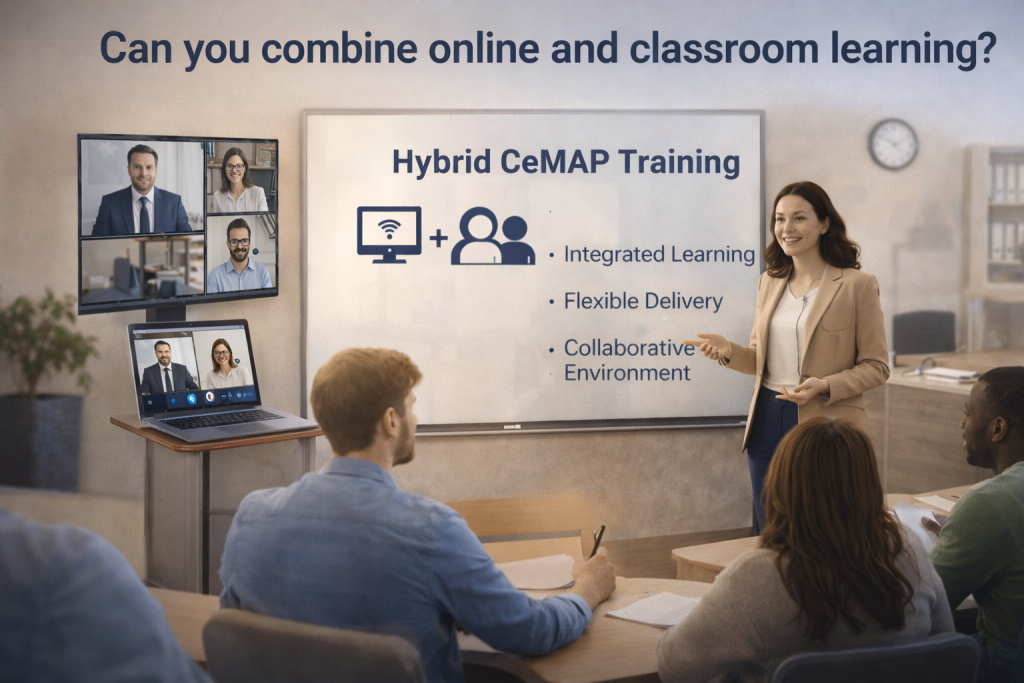 Blended CeMAP training combining online learning and classroom sessions with tutor and virtual participants