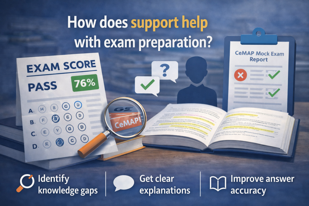 CeMAP exam preparation support with mock exam results feedback and study materials