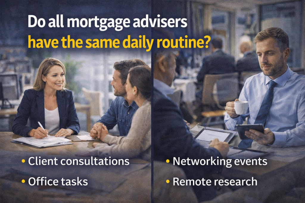 Mortgage advisers working in different environments showing variation in daily routines and responsibilities