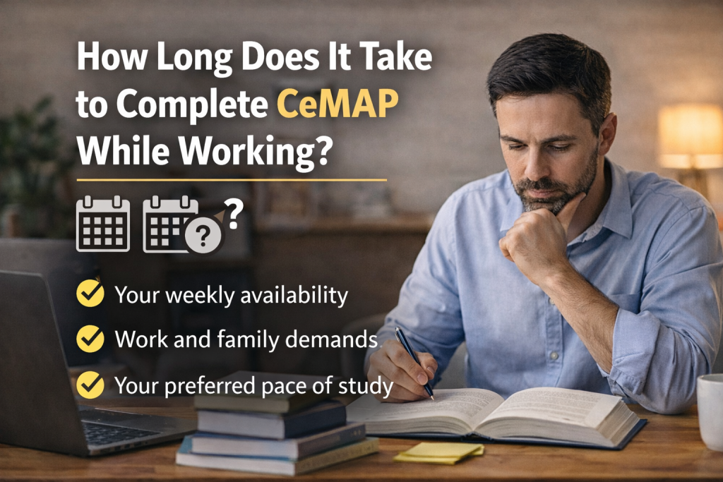 Adult learner studying CeMAP at home with textbooks and laptop, representing the time commitment of completing CeMAP while working full time.