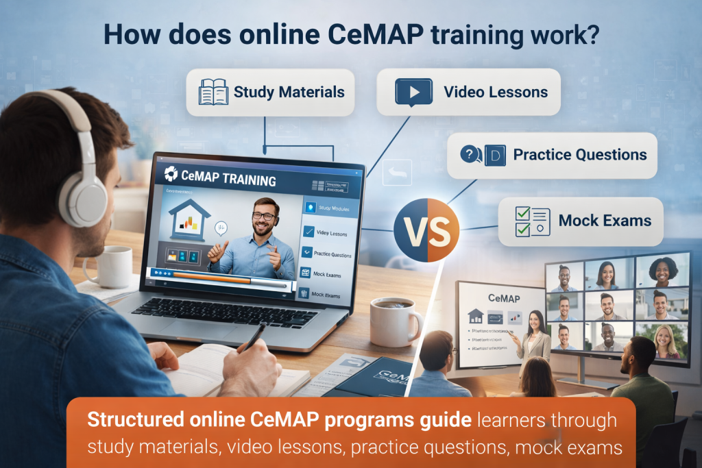 How online CeMAP training works with study materials, video lessons, practice questions and mock exams
