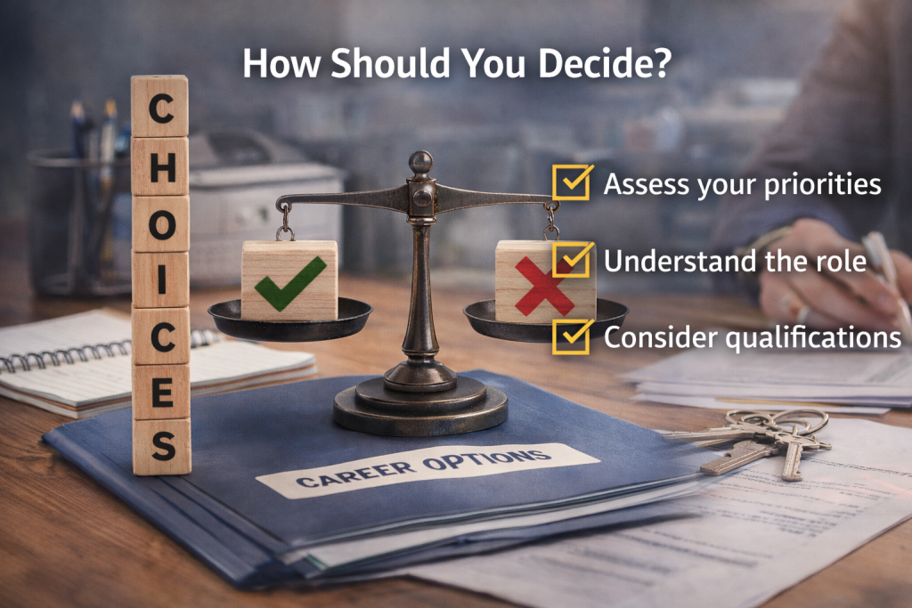 Career decision concept showing balanced scales, career options folder and checklist for deciding whether to become a mortgage adviser.