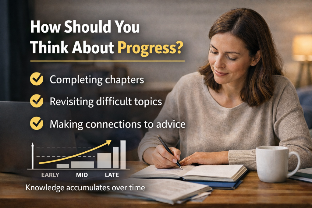 Adult learner studying CeMAP at home with notebook and laptop, illustrating steady progress and gradual knowledge development.