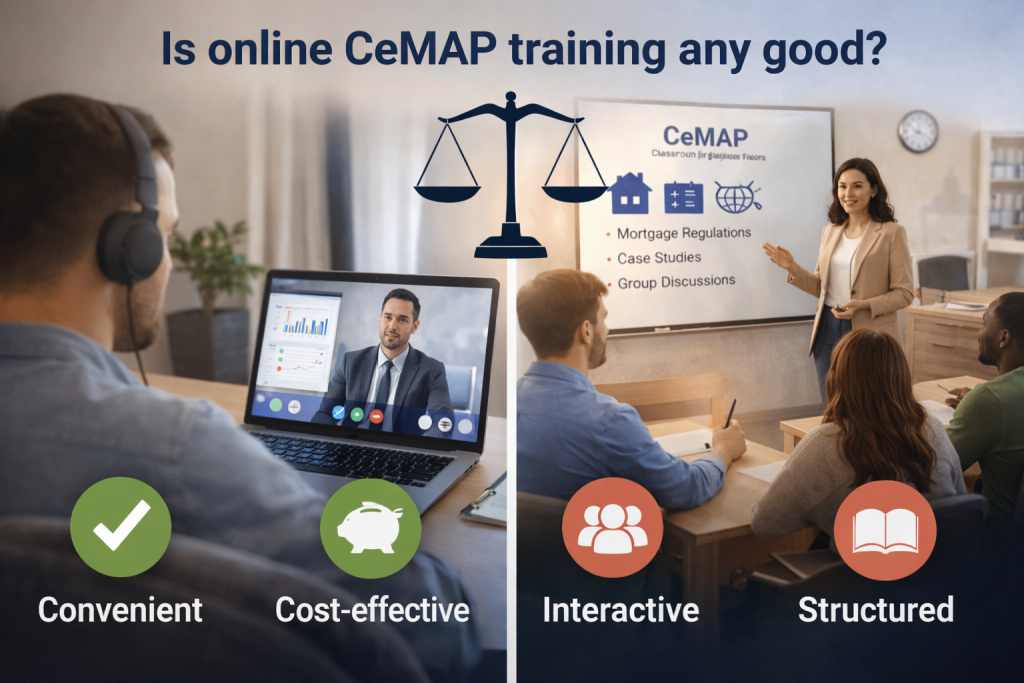 Is online CeMAP training any good comparison showing online learning flexibility and classroom structure