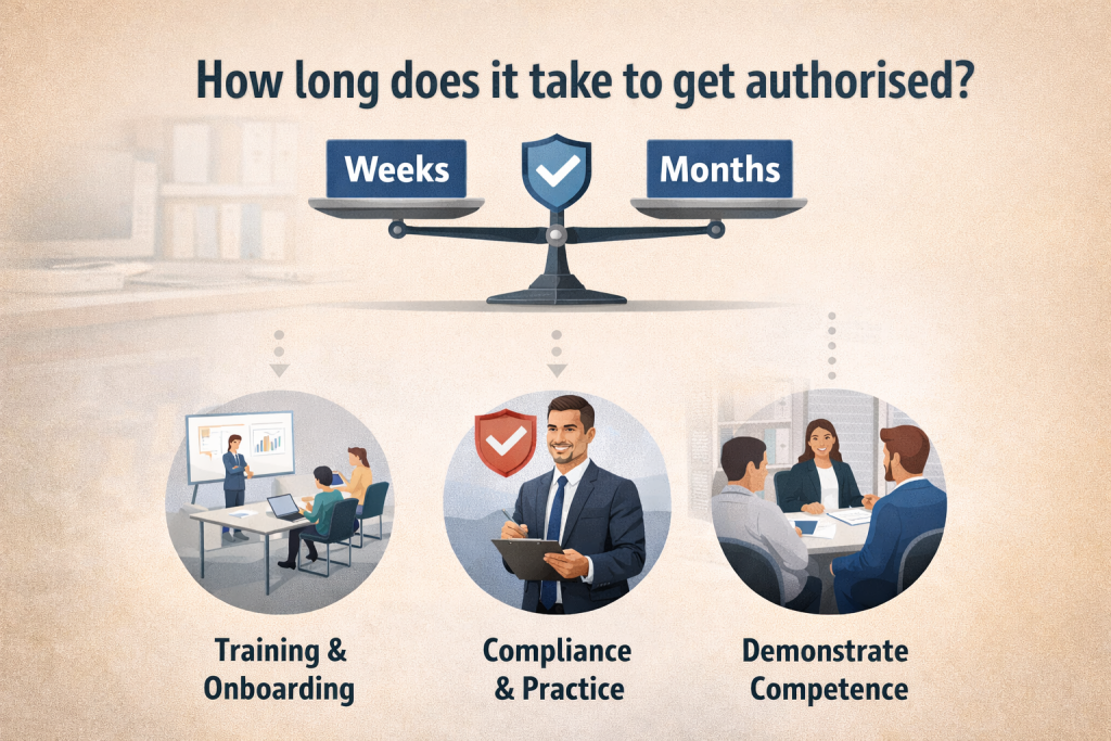 Mortgage adviser authorisation process showing weeks to months timeline with training, compliance and competency stages