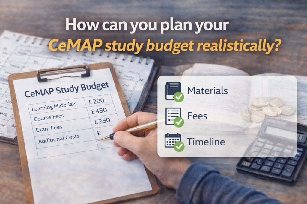 Planning a CeMAP study budget with materials fees timeline and calculator showing realistic cost planning