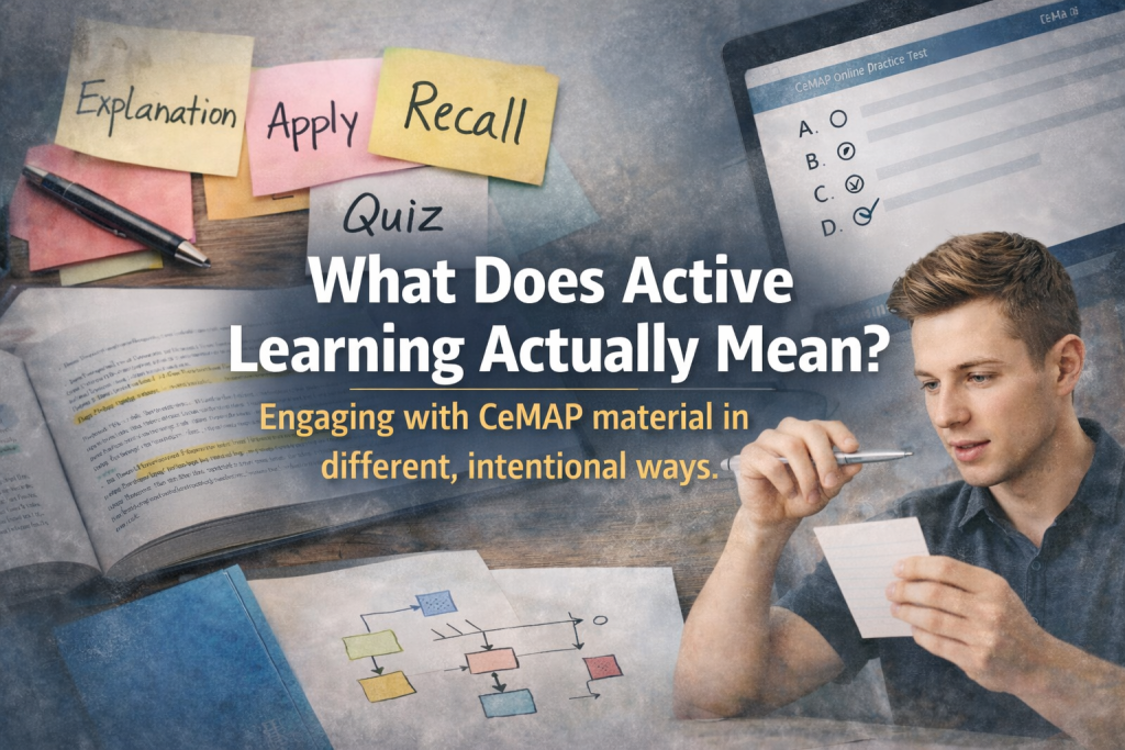 What does active learning actually mean image showing CeMAP recall practice, quizzes and application-based study