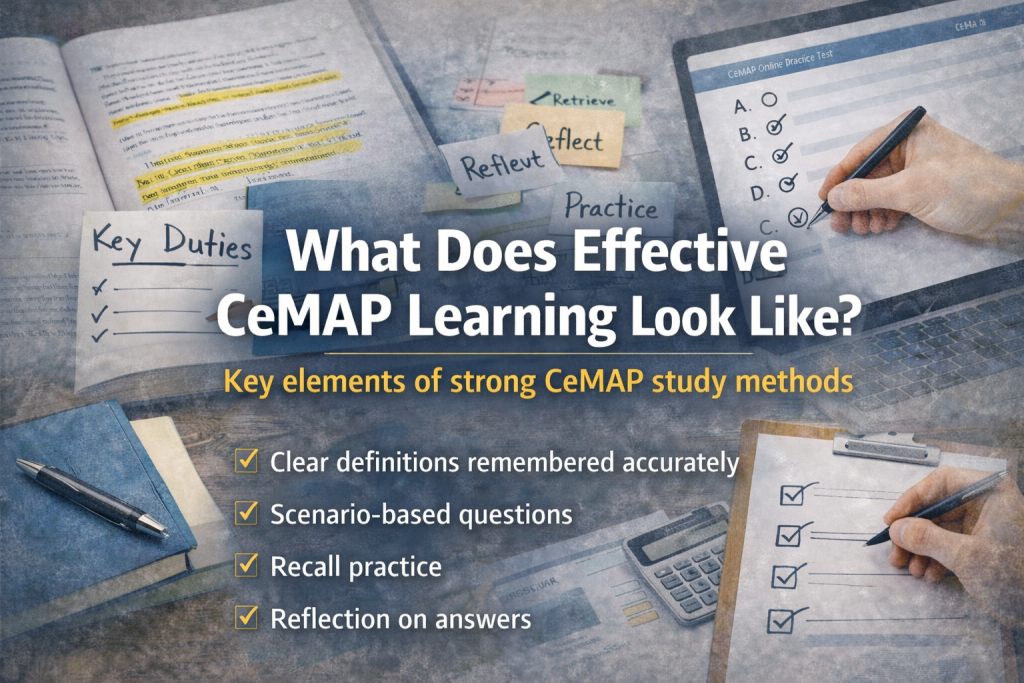 What does effective CeMAP learning look like image showing recall practice, scenario questions and reflection methods