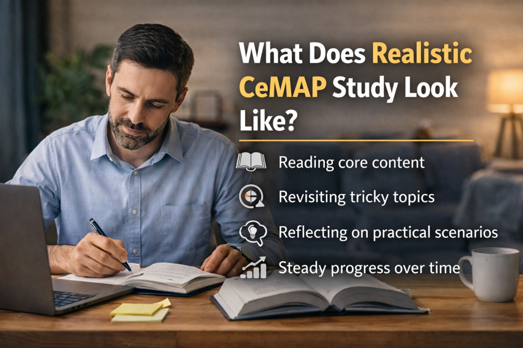 Adult learner studying CeMAP at a desk with textbooks and laptop, illustrating realistic and steady professional study.