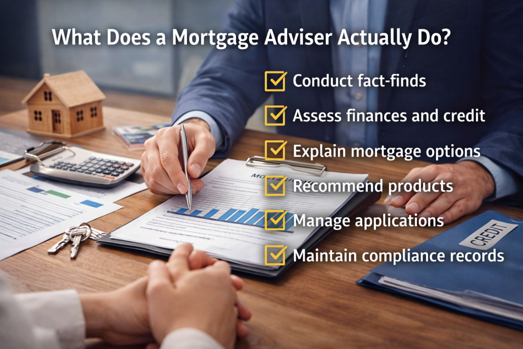 Mortgage adviser explaining mortgage options to a client while reviewing financial documents and affordability calculations.