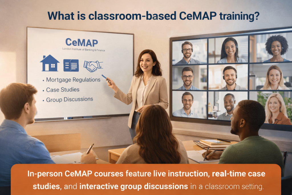 Classroom-based CeMAP training with tutor-led session, group discussion and virtual classroom participants
