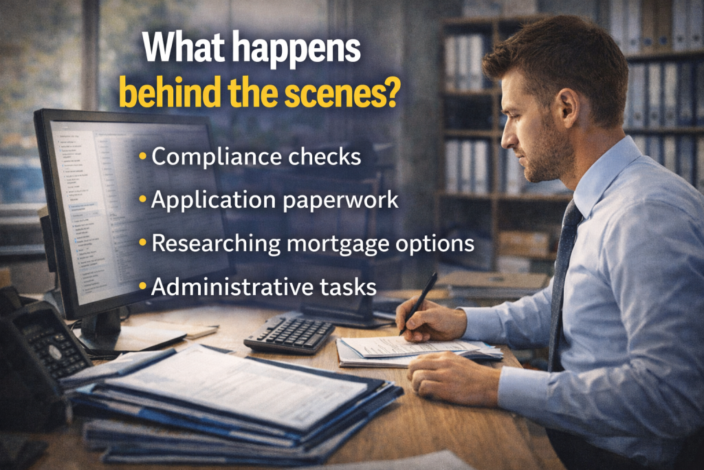 Mortgage adviser completing paperwork and compliance checks at desk during mortgage application process
