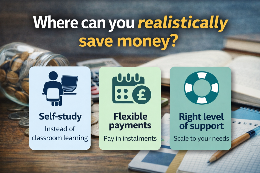 Ways to save money when studying CeMAP including self study, flexible payments and choosing the right support level