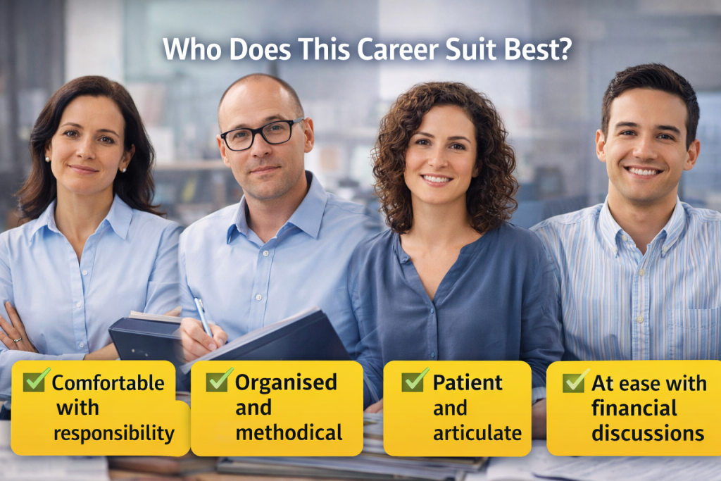 Professionals representing qualities suited to a mortgage adviser career, including responsibility, organisation and clear communication.