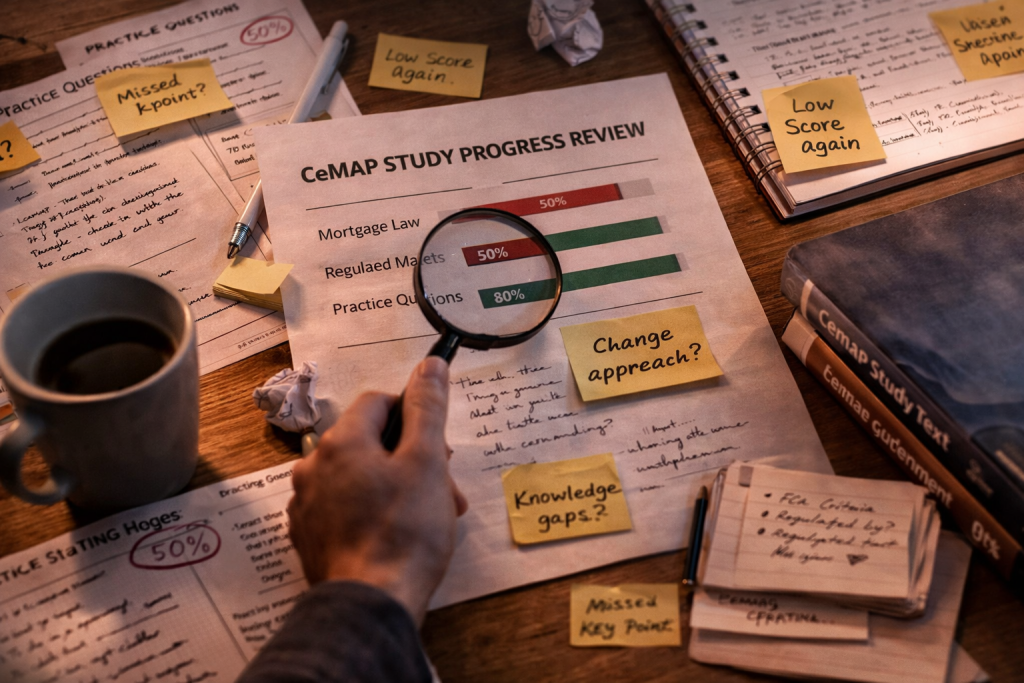 CeMAP learner reviewing progress and identifying knowledge gaps using notes and practice results
