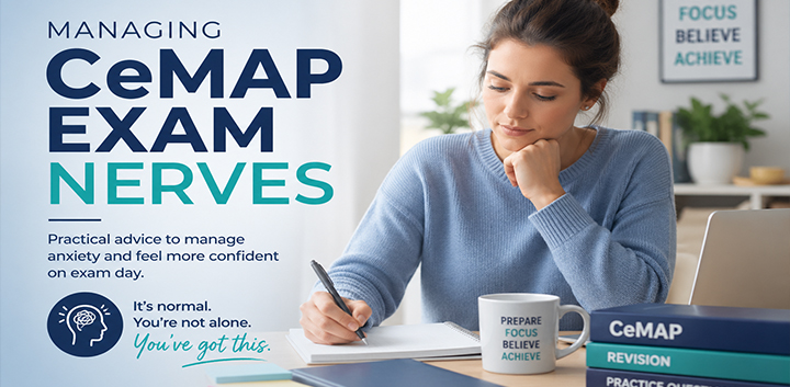 Learner studying calmly at desk managing CeMAP exam nerves and anxiety before exam day