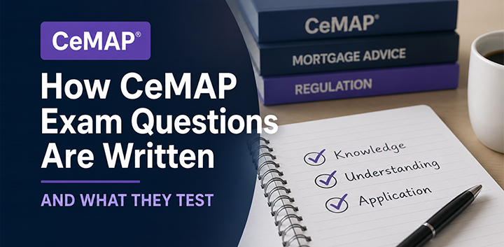CeMAP exam questions explained showing knowledge understanding and application checklist on study notebook