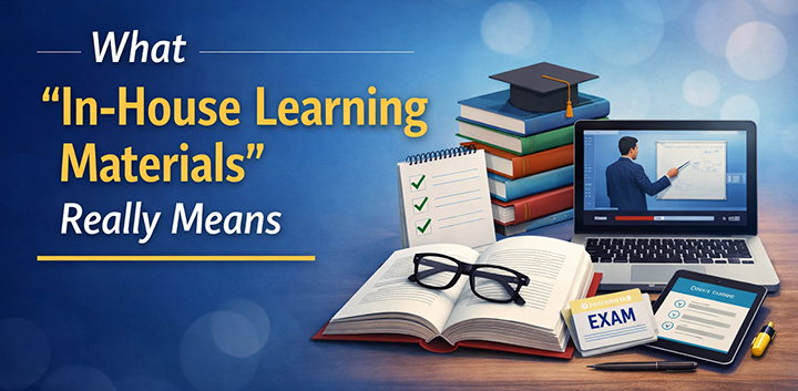 n-house CeMAP learning materials illustration showing books, revision guides, online learning and mock exam preparation for CeMAP students