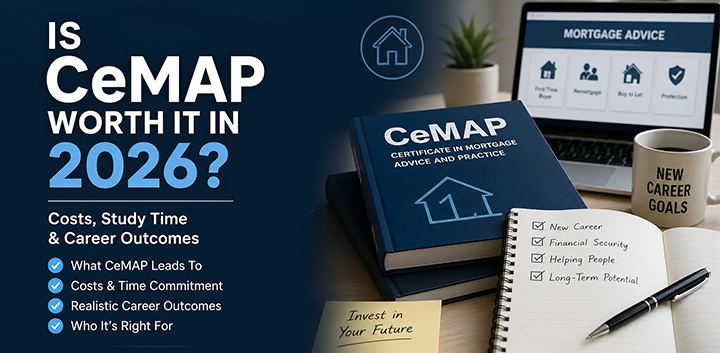 CeMAP study materials on a desk with laptop and notebook, representing costs, study time and mortgage adviser career outcomes in 2026