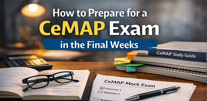 Study setup with CeMAP mock exam paper and notes showing final weeks preparation for a CeMAP exam