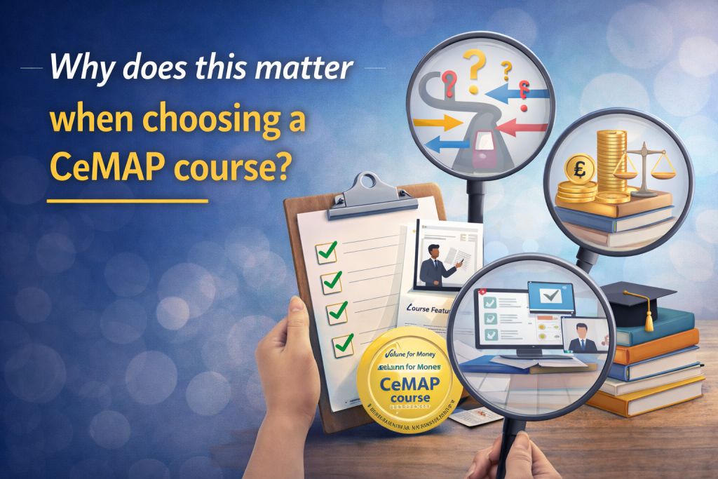 Choosing a CeMAP course illustration showing comparison of learning materials, structured online learning, revision guides and course features