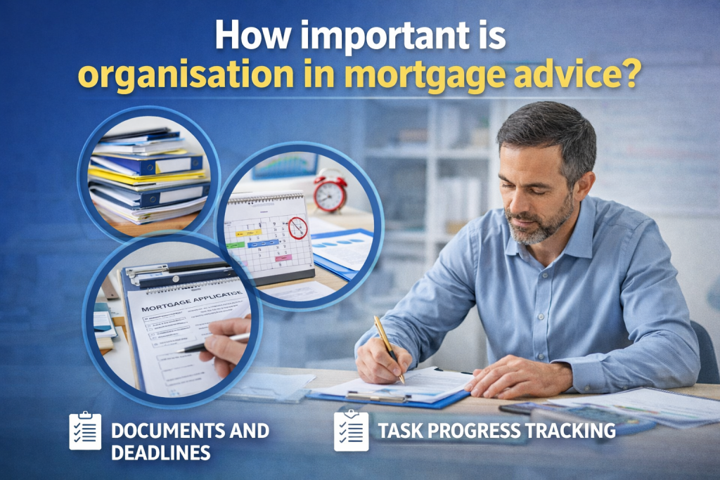 Mortgage adviser organising documents and tracking tasks showing importance of organisation in mortgage advice