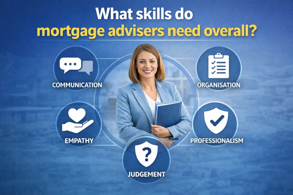 Mortgage adviser with icons showing communication, organisation, empathy, judgement and professionalism skills
