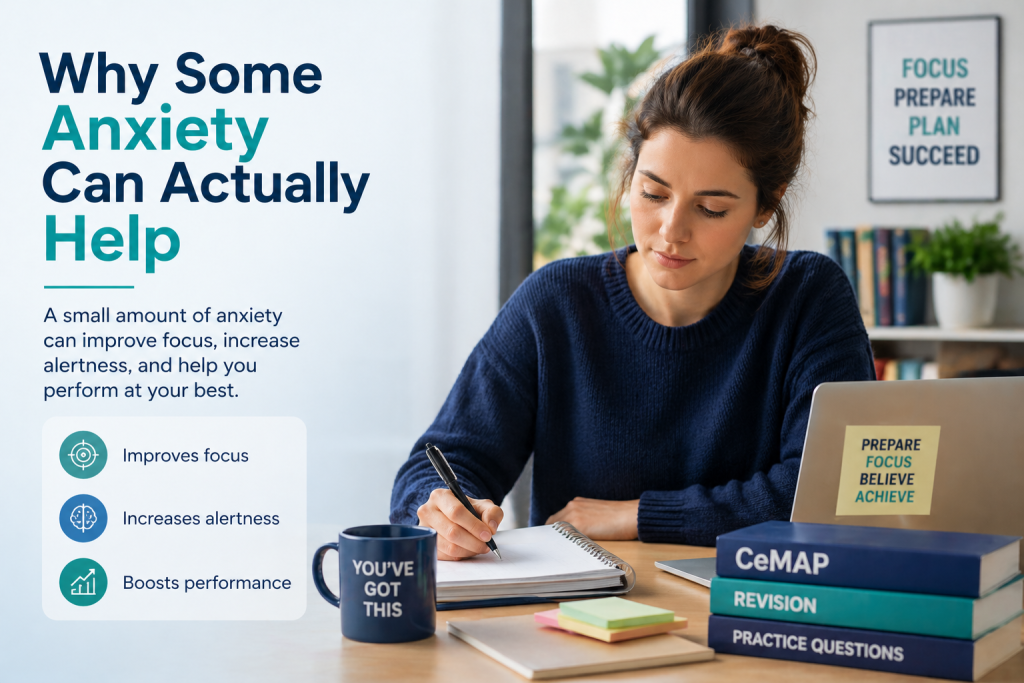 Learner studying with focus showing how some anxiety can help improve performance in a CeMAP exam